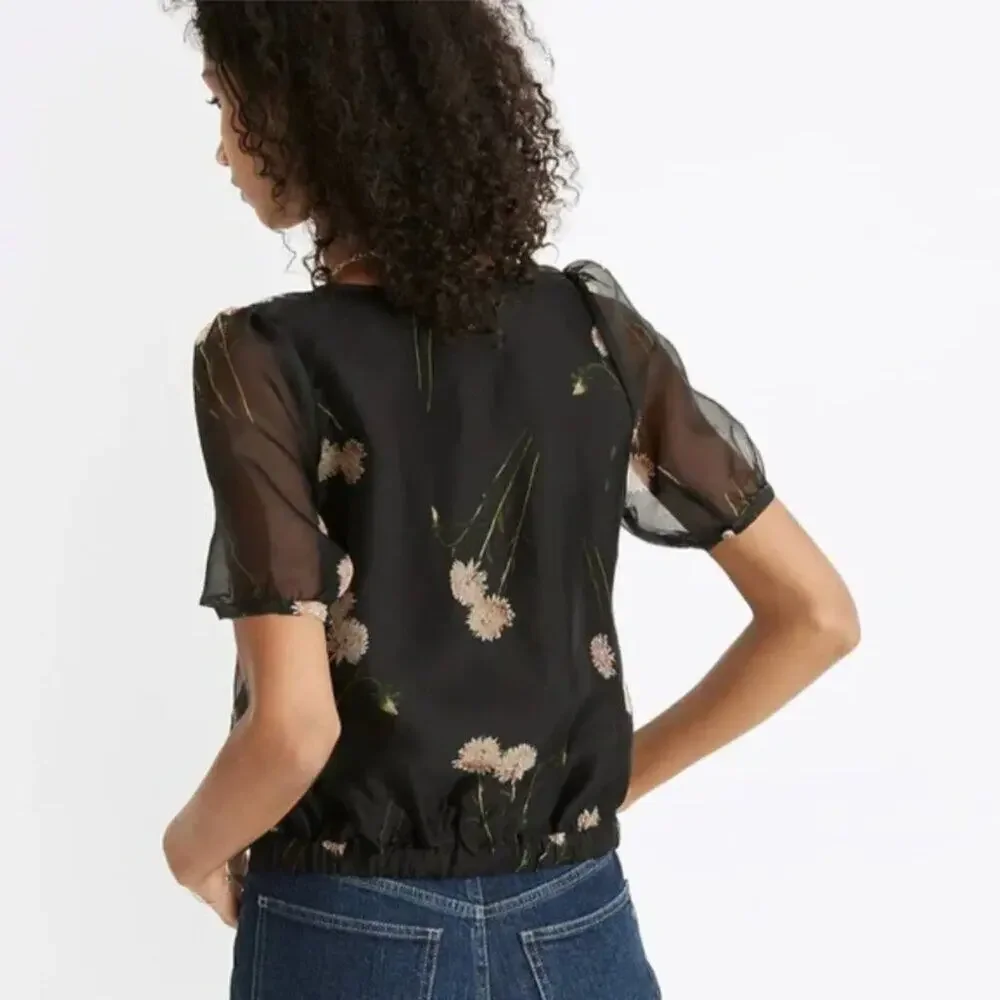 Madewell Silk Organza Puff-Sleeve Wrap Top in Aster Portrait
